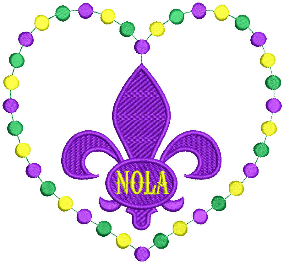 Mardi Gras Heart Shaped NOLA Fleur de lis Filled Machine Embroidery Design Digitized Pattern