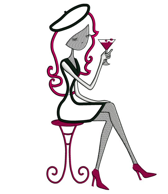Martini Drinking Happy Hour Girl Applique Machine Embroidery Digitized Design Pattern