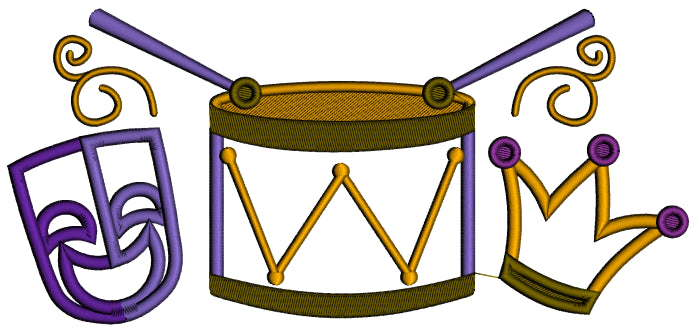 Mask Drums and Jester Hat Mardi Gras Applique Machine Embroidery Design Digitized Pattern