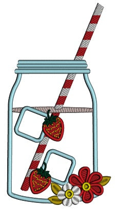 Mason Jar With a Straw Applique Machine Embroidery Digitized Design Pattern