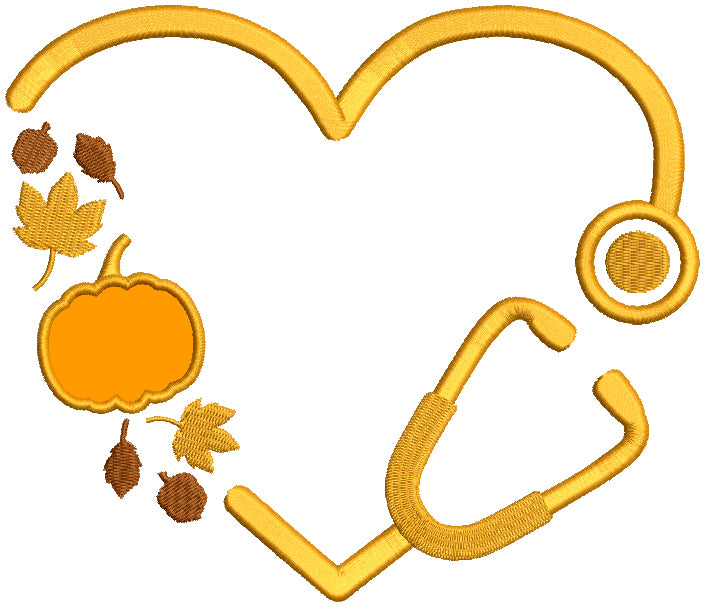 Medical Stethoscope WIth Fall Leaves And Pumpkin Applique Machine Embroidery Design Digitized Pattern