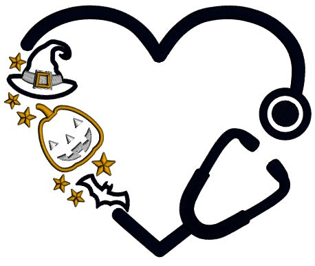 Medical Stethoscope WIth Witch's Hat And Pumpkin Applique Machine Embroidery Design Digitized Pattern