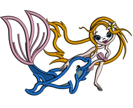 Mermaid And a Dolphin Applique Machine Embroidery Design Digitized Pattern