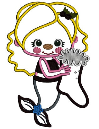 Mermaid Holding Christmas Stocking Applique Machine Embroidery Design Digitized Pattern