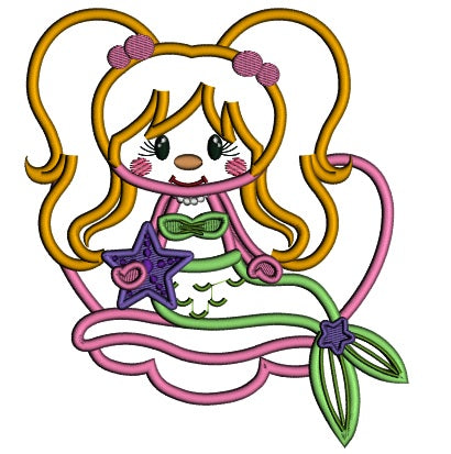 Mermaid Holding a Star Applique Machine Embroidery Design Digitized Pattern