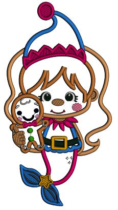 Mermaid Holdinng Gingerbread Man Applique Christmas Machine Embroidery Design Digitized Pattern