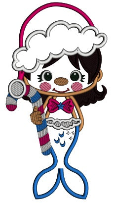 Mermaid Wearing Santa Hat Holding Candy Cane Applique Christmas Machine Embroidery Design Digitized Pattern