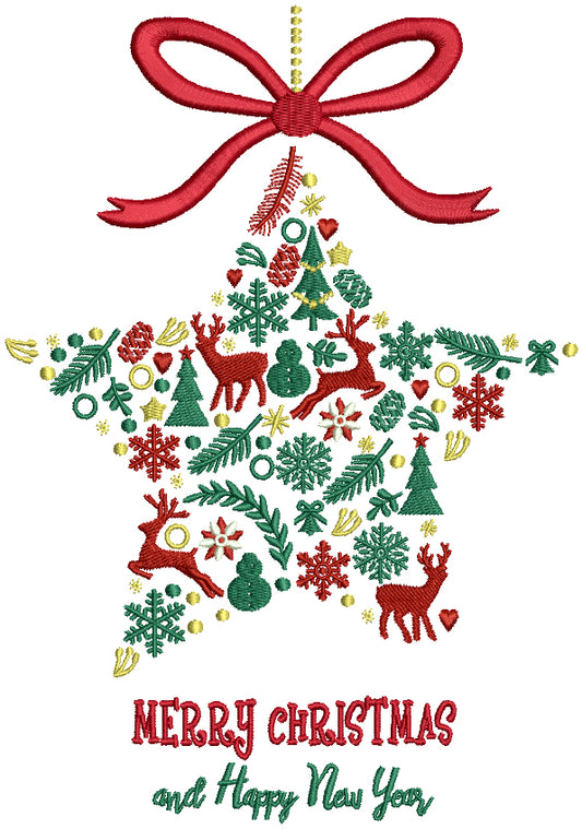 Merry Christmas And Happy New Year Star With a Bow Filled Machine Embroidery Design Digitized Pattern