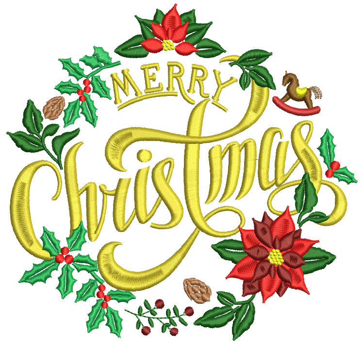 Merry Christmas Flower Arrangement Filled Machine Embroidery Digitized Design Pattern