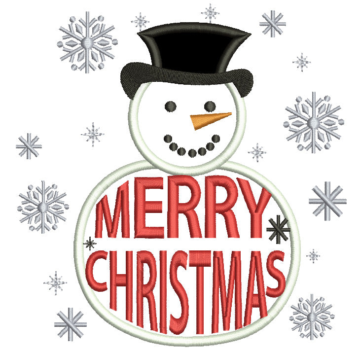 Merry Christmas Snowman Applique Machine Embroidery Digitized Design Pattern