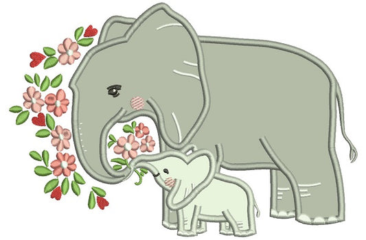 Mommy And Baby Elephant With Flowers Applique Machine Embroidery Design Digitized Pattern