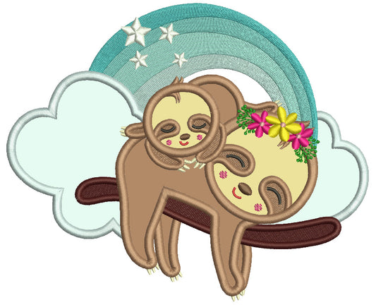 Mommy And Baby Sloth Sleeping Applique Machine Embroidery Design Digitized Patterny
