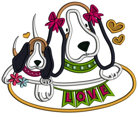 Mommy Dog And Baby Puppy Love Mother's Day Applique Machine Embroidery Design Digitized Pattern
