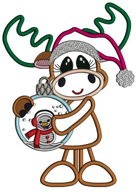 Moose Holding Ornament With a Snowman Christmas Applique Machine Embroidery Design Digitized Pattern