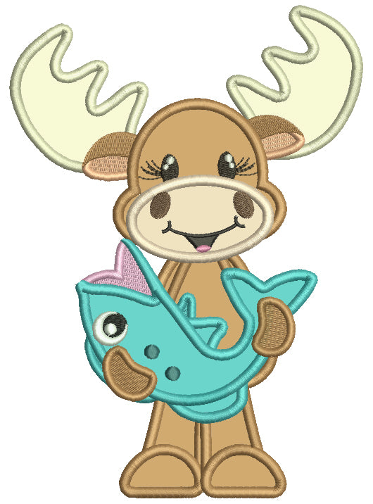 Moose Holding a Big Fish Applique Machine Embroidery Design Digitized Pattern