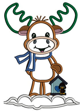 Moose Horling Bird House Christmas Applique Machine Embroidery Design Digitized Pattern
