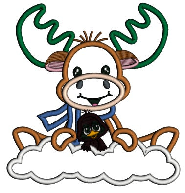 Moose On The CLOud With Little Bird Christmas Applique Machine Embroidery Design Digitized Pattern