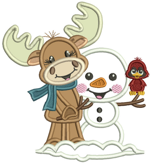 Moose With a Snowman Christmas Applique Machine Embroidery Design Digitized Pattern
