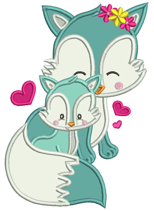 Mother And Baby Fox WIth Hearts Applique Machine Embroidery Design Digitized Patterny