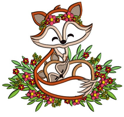 Mother Fox Holding Baby Fox Wrapped In Flowers Applique Machine Embroidery Design Digitized Pattern