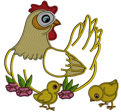 Mother Hen With Baby Chicks Applique Machine Embroidery Design Digitized Pattern