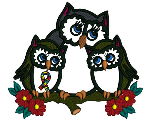 Mother Owl And Two Baby Owls Autism Awareness Applique Machine Embroidery Design Digitized