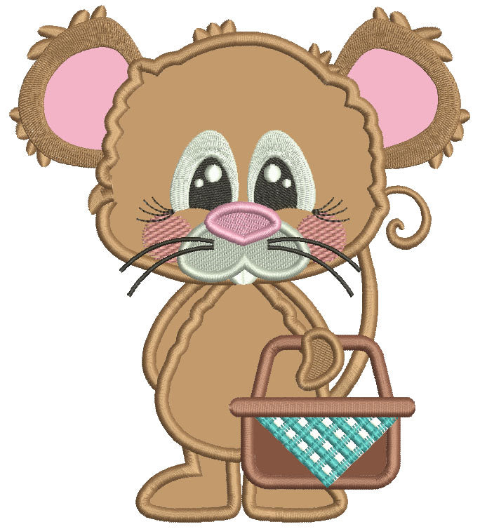 Mouse Holding Picnic Basket Applique Machine Embroidery Design Digitized Pattern