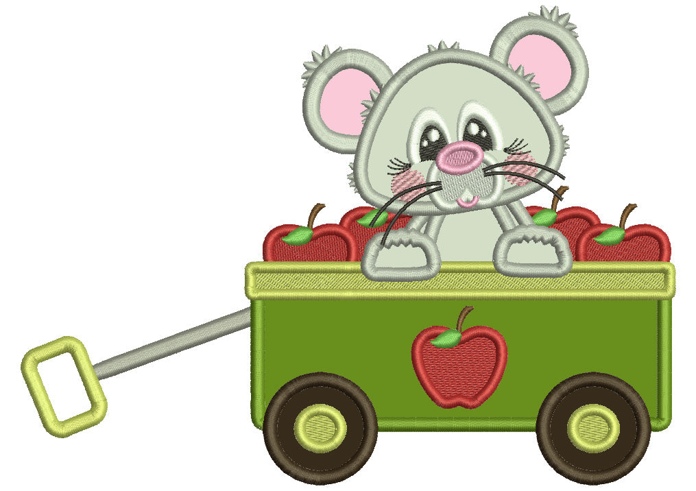 Mouse Sitting Inside Wagon Full Of Cherries Applique Machine Embroidery Design Digitized Pattern