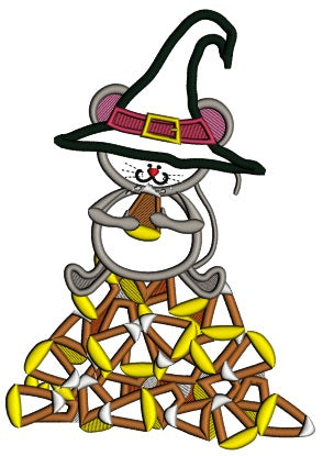 Mouse Witch Sitting On Candy Corns Halloween Applique Machine Embroidery Design Digitized Pattern