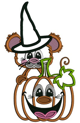 Mouse Wizard Holding a Smiling Pumpkin Halloween Applique Machine Embroidery Design Digitized Pattern