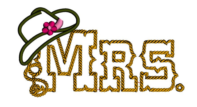 Mrs Country Cowgirl Style Rope Hat Applique Machine Embroidery Digitized Design Pattern