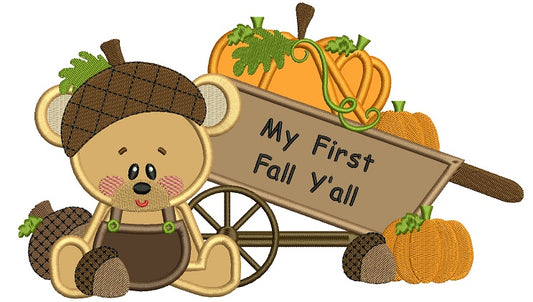 My First Fall Yall Cute Bear With Wagon and Pumpkins Applique Machine Embroidery Digitized Design Pattern
