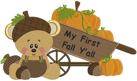 My First Fall Yall Cute Bear With Wagon and Pumpkins Filled Machine Embroidery Digitized Design Pattern