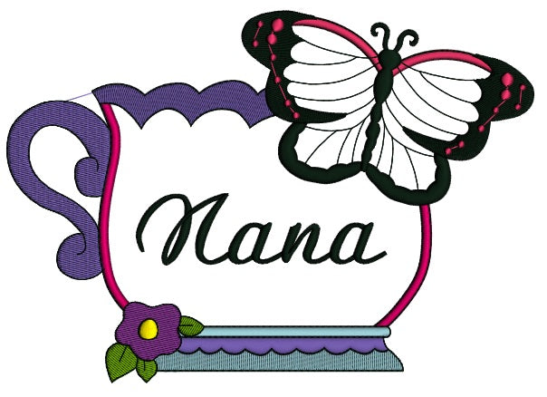 Nana Cup and Butterfly Applique Machine Embroidery Digitized Design Pattern