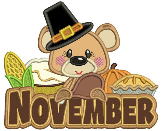 November Bear Thanksgiving Applique Machine Embroidery Design Digitized Pattern