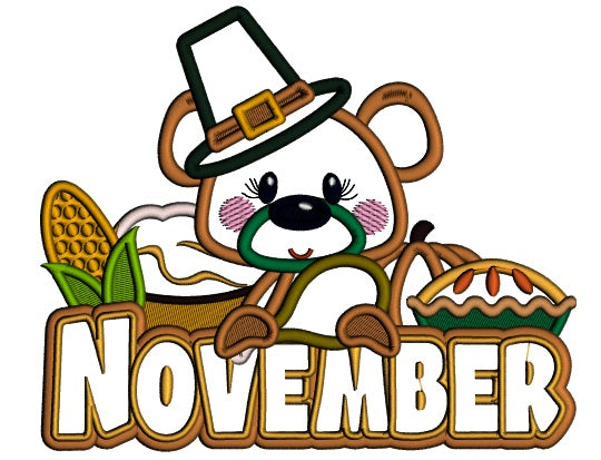November Bear Thanksgiving Applique Machine Embroidery Design Digitized Pattern