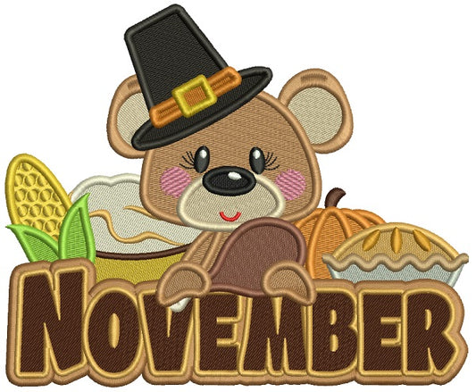November Bear Thanksgiving Filled Machine Embroidery Design Digitized Pattern