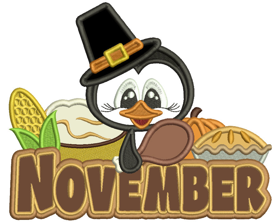 November Penguin Thanksgiving Applique Machine Embroidery Design Digitized Pattern