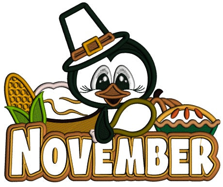 November Penguin Thanksgiving Applique Machine Embroidery Design Digitized Pattern