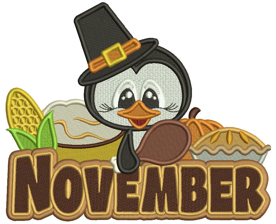 November Penguin Thanksgiving Filled Machine Embroidery Design Digitized Pattern