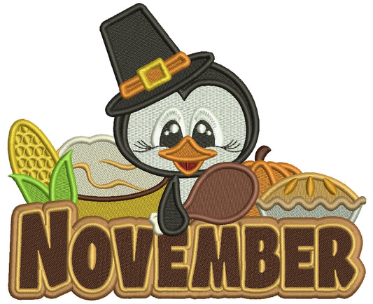 November Penguin Thanksgiving Filled Machine Embroidery Design Digitized Pattern