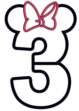 Number 3 Birthday Looks Like Minnie Ears Applique Machine Embroidery Design Digitized Pattern