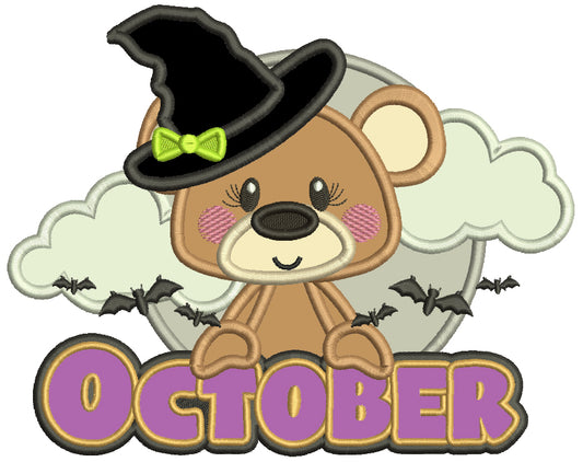 October Bear Wearing Witch Hat Halloween Applique Machine Embroidery Design Digitized Pattern