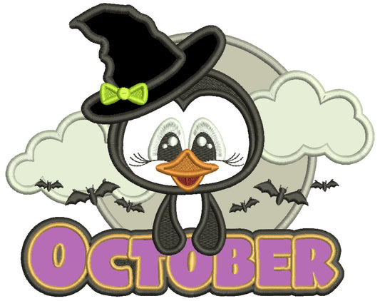 October Penguin Flying Bats Halloween Applique Machine Embroidery Design Digitized Pattern