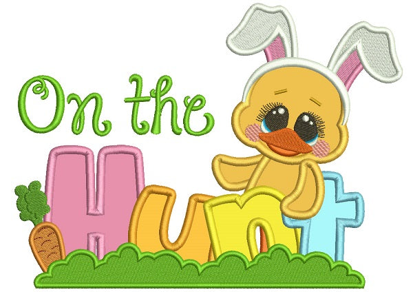 On The Hunt Easter Chick Wearing Bunny Ears Applique Machine Embroidery Design Digitized Pattern