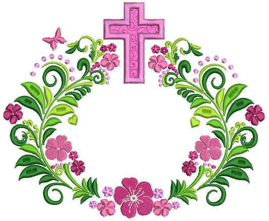 Ornate Cross With Flowers Religious Applique Machine Embroidery Design Digitized Pattern