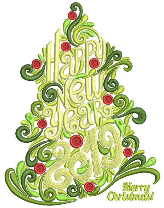 Ornate Christmas Tree Happy New Year 2019 Filled Machine Embroidery Design Digitized Pattern