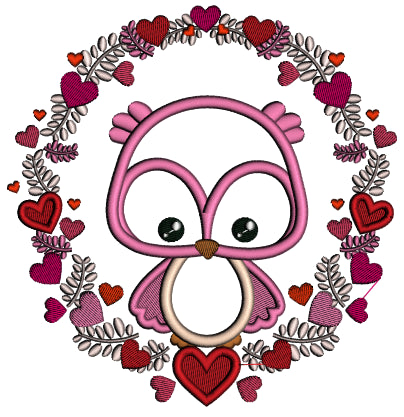 Owl Inside Wreath With Hearts Valentine's Day Applique Machine Embroidery Design Digitized Pattern