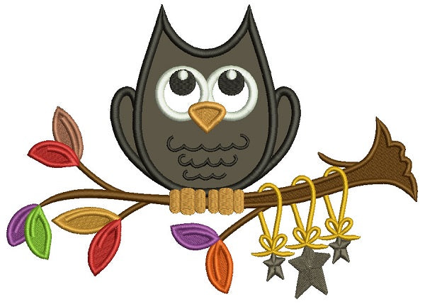 Owl Sitting On A Branch With Stars Fall Applique Machine Embroidery Design Digitized Pattern
