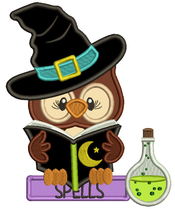 Owl WIzard Reading a Books With Spells Applique Halloween Machine Embroidery Design Digitized Pattern